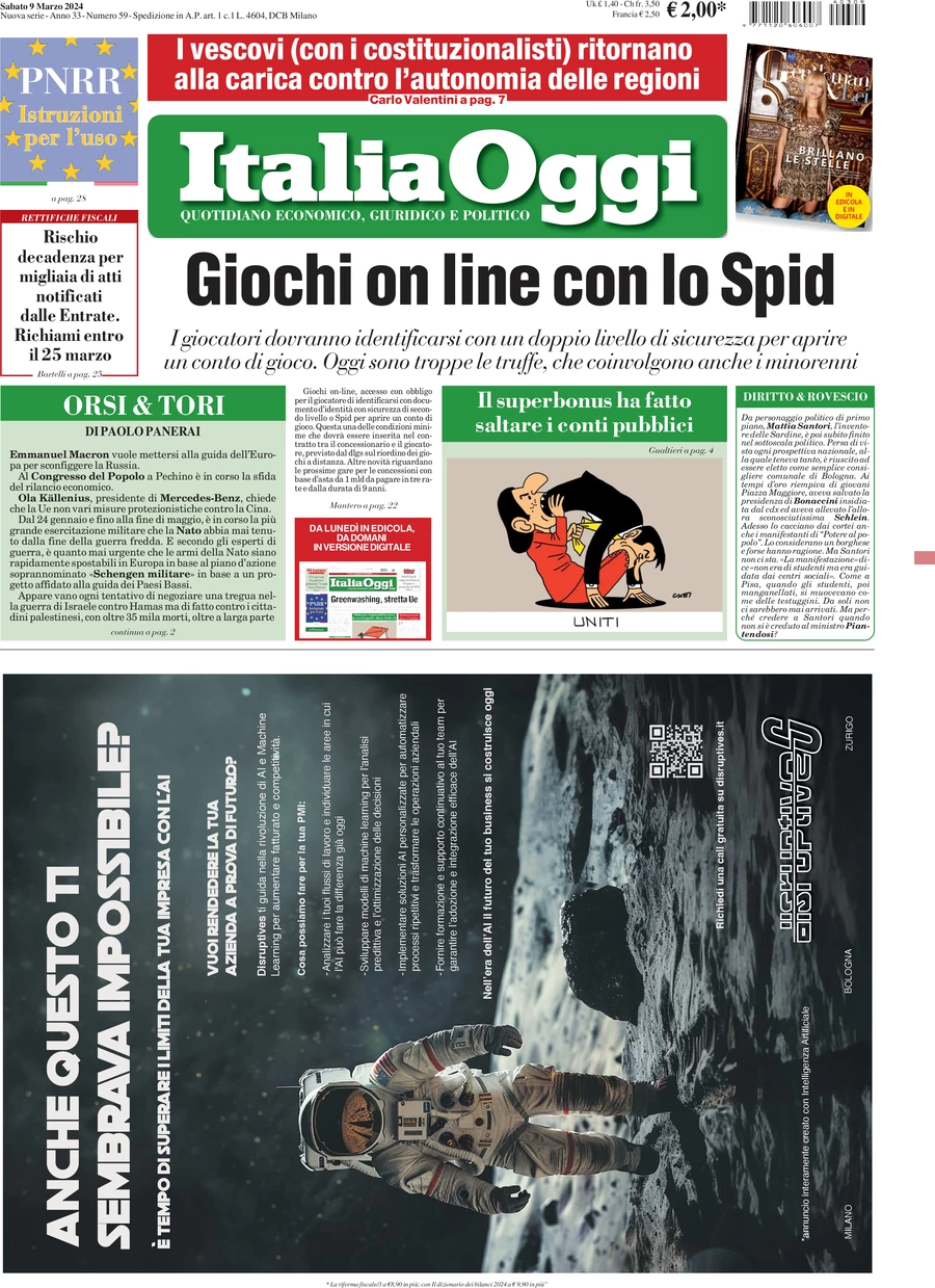 prima pagina - ItaliaOggi del 09/03/2024