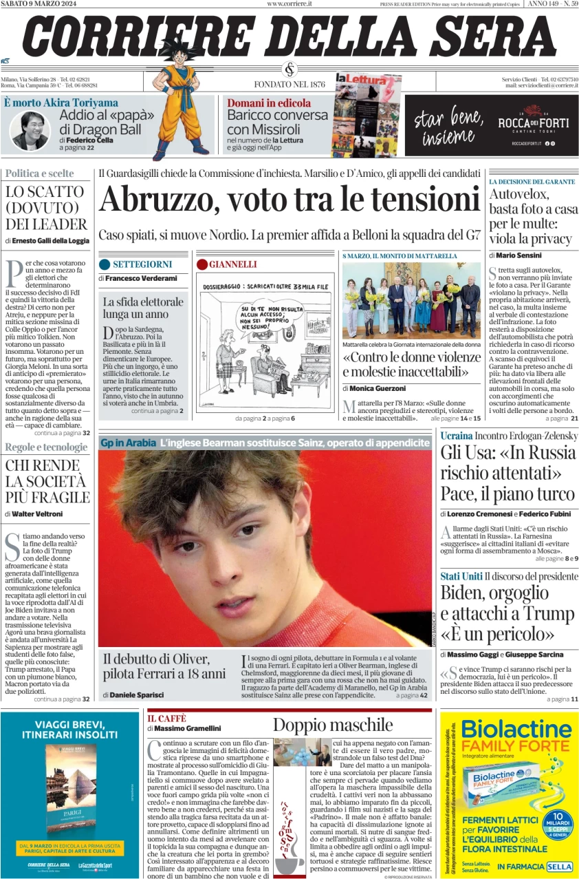 prima pagina - Corriere della Sera del 09/03/2024
