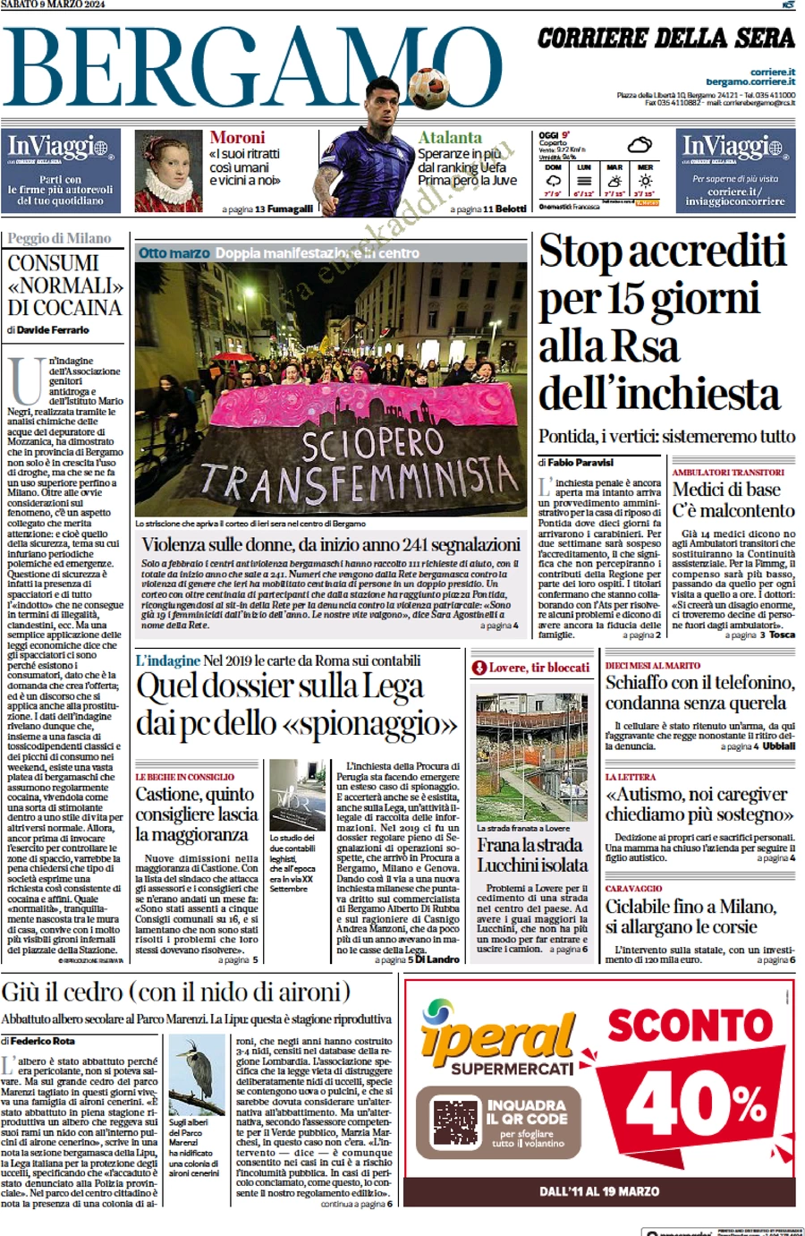 anteprima della prima pagina di corriere-della-sera-bergamo del 09/03/2024