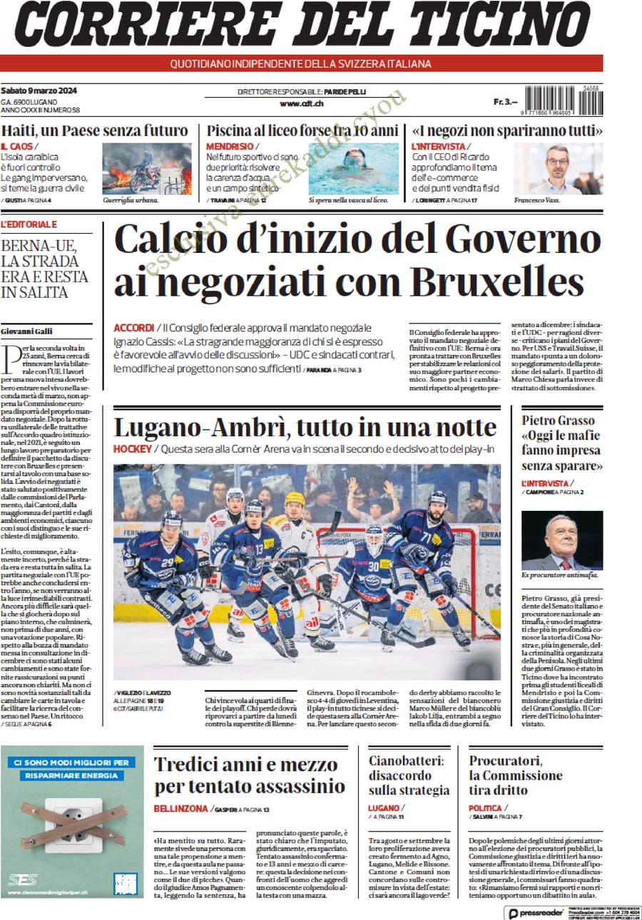 prima pagina - Corriere del Ticino del 09/03/2024