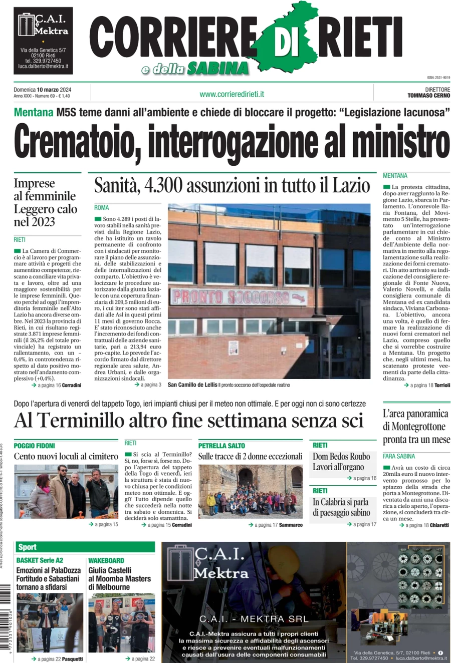 anteprima della prima pagina di corriere-di-rieti-e-della-sabina del 10/03/2024