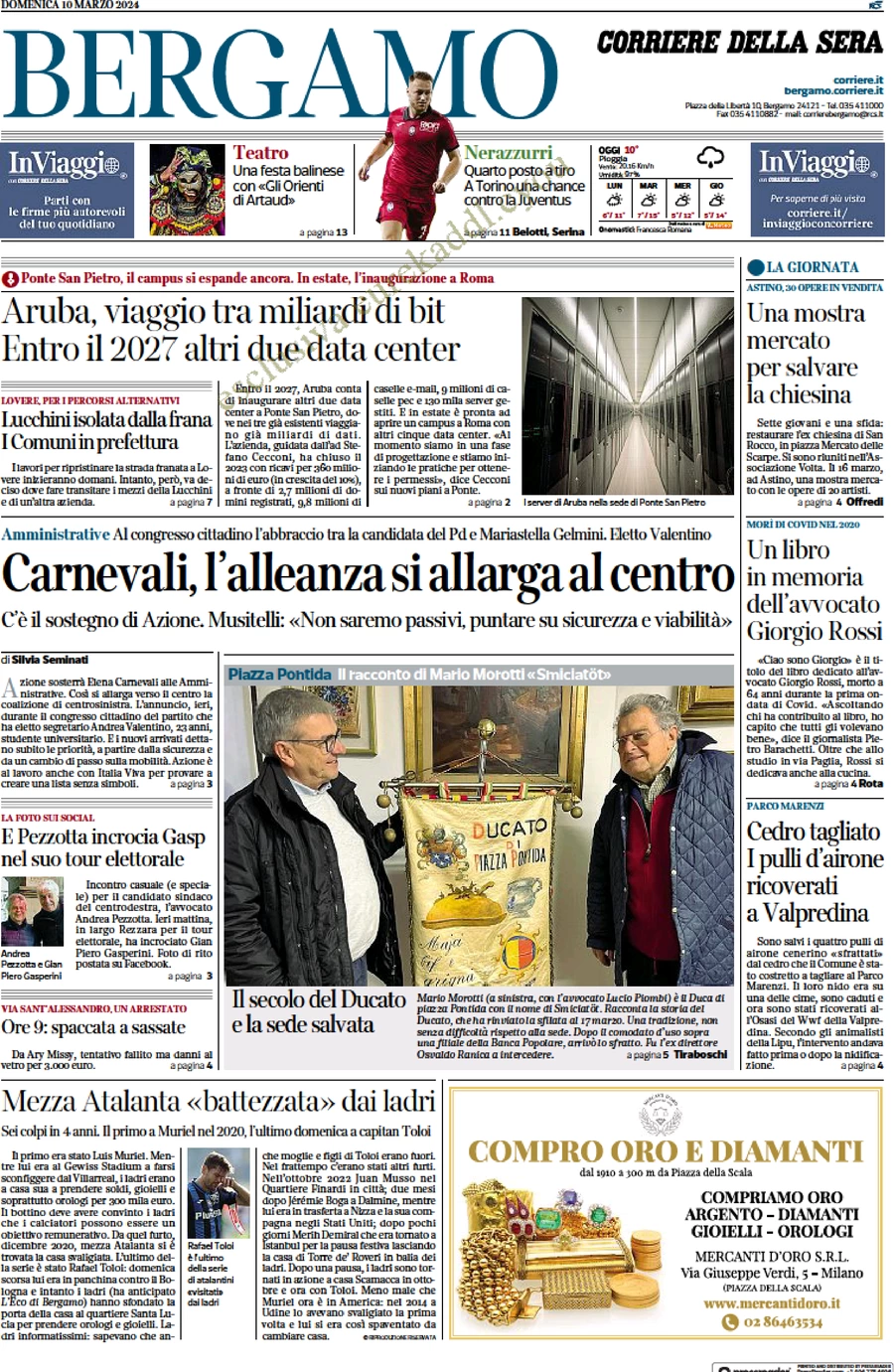 anteprima della prima pagina di corriere-della-sera-bergamo del 10/03/2024