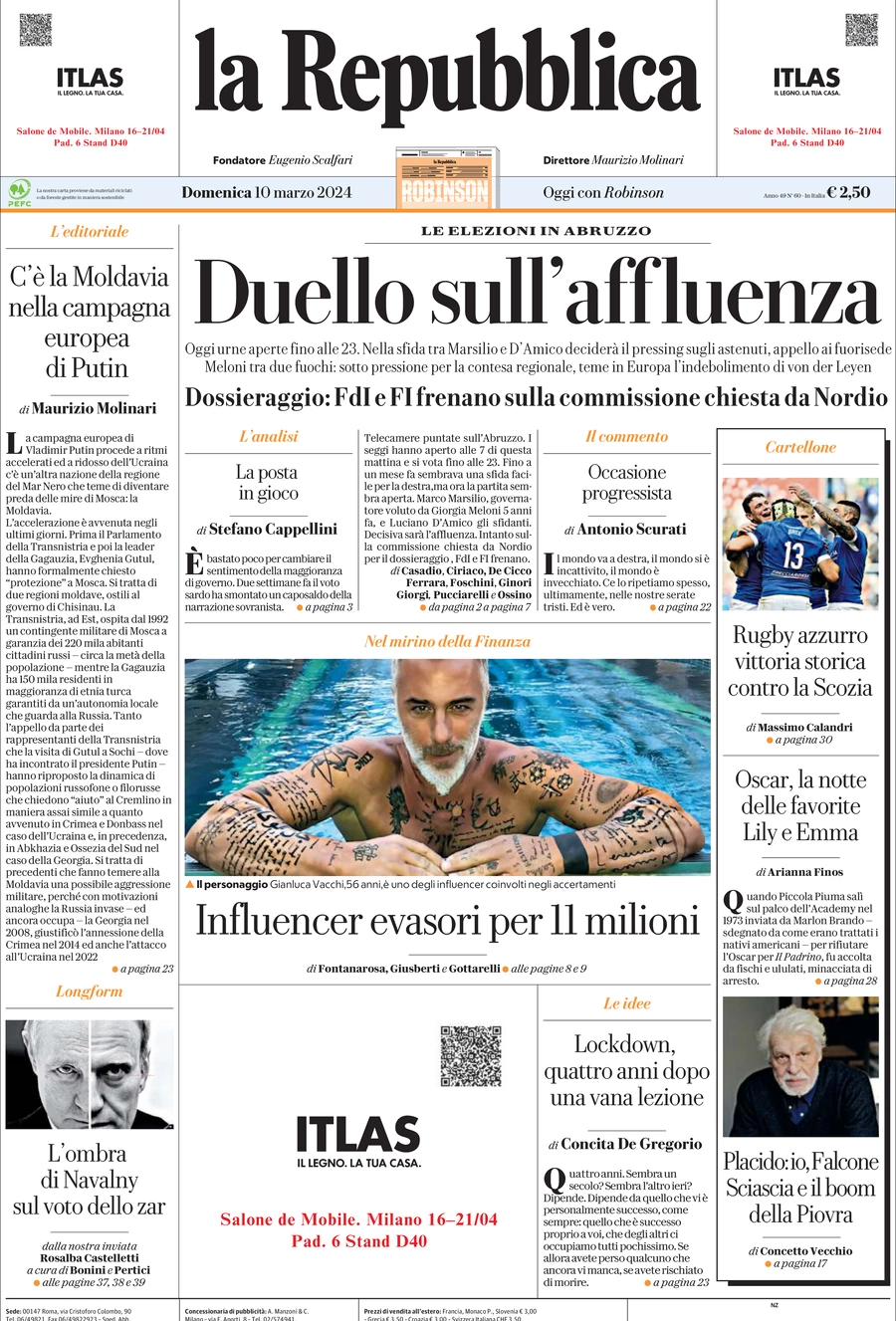 prima pagina - La Repubblica del 10/03/2024