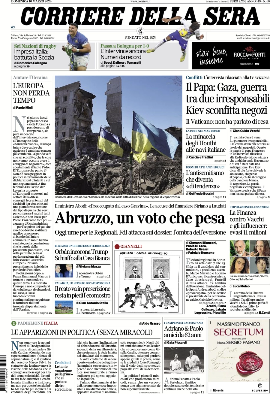 prima pagina - Corriere della Sera del 10/03/2024