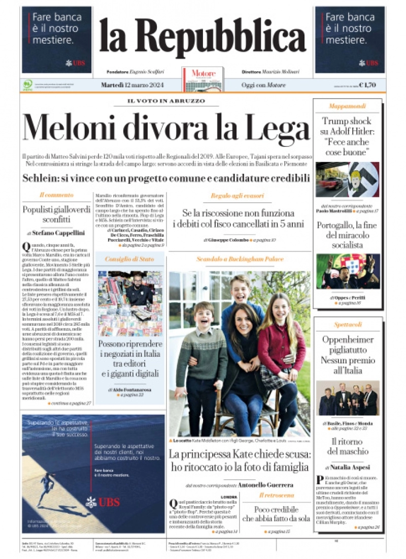 prima pagina - La Repubblica del 11/03/2024