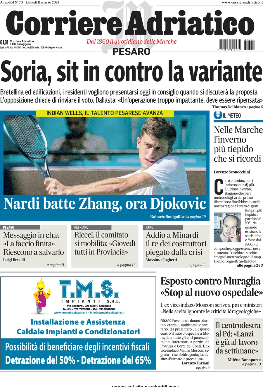 anteprima della prima pagina di corriere-adriatico-pesaro del 11/03/2024