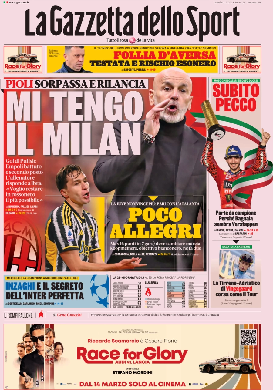 prima pagina - La Gazzetta dello Sport del 11/03/2024