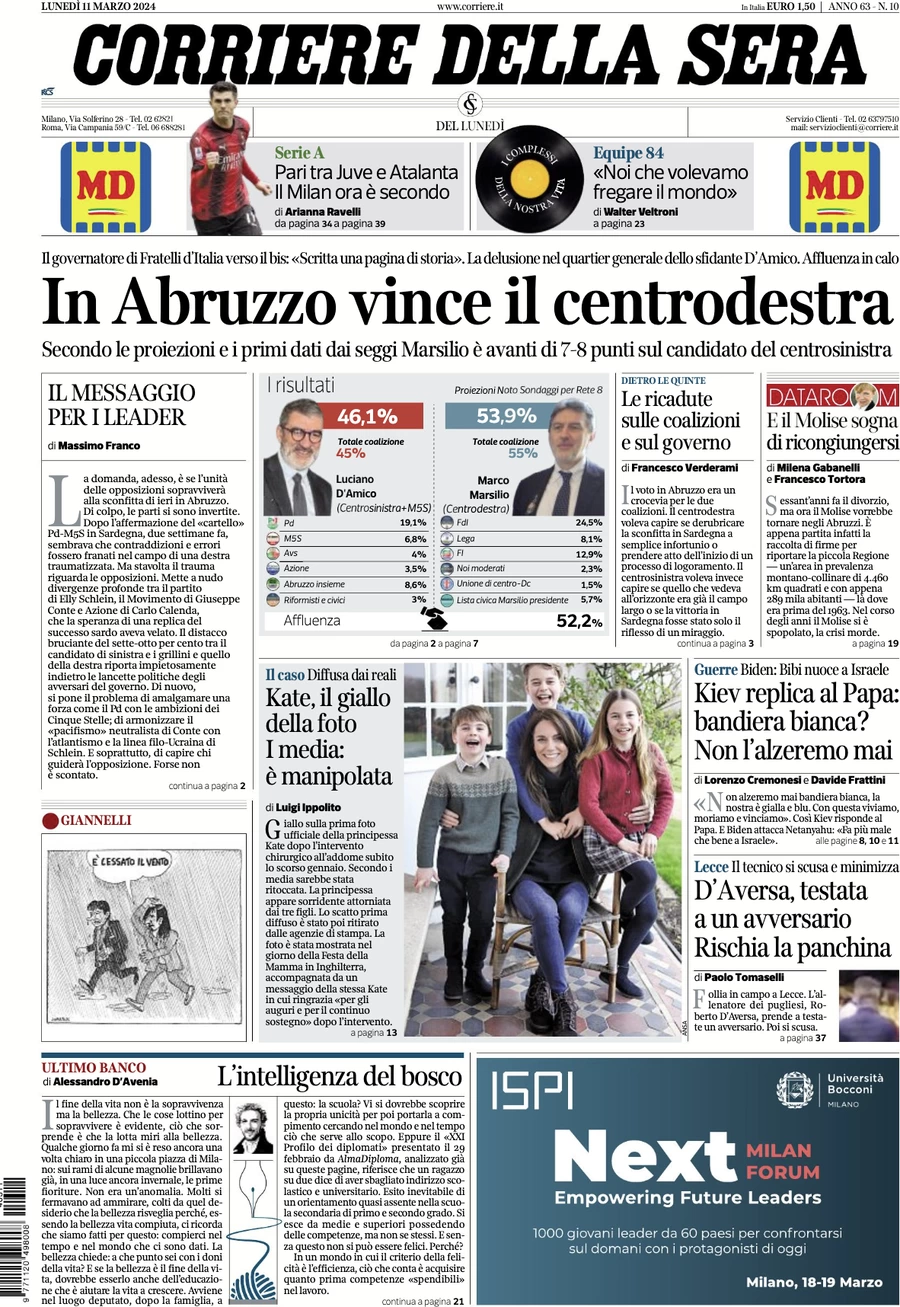 prima pagina - Corriere della Sera del 11/03/2024