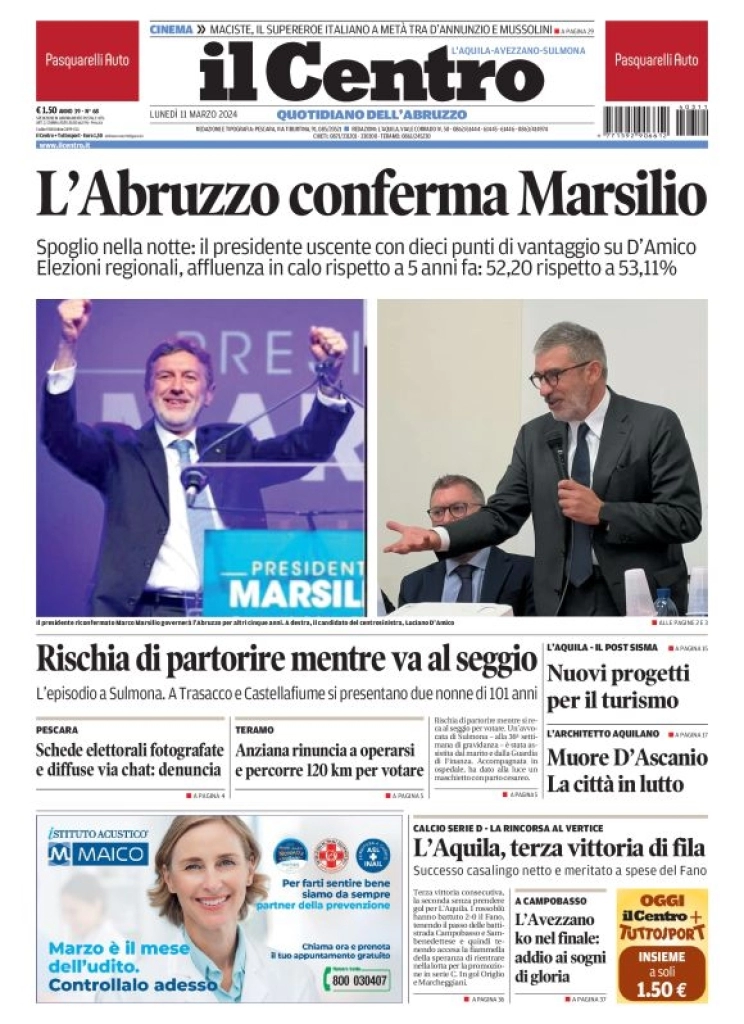 prima pagina - Il Centro (L'Aquila) del 11/03/2024