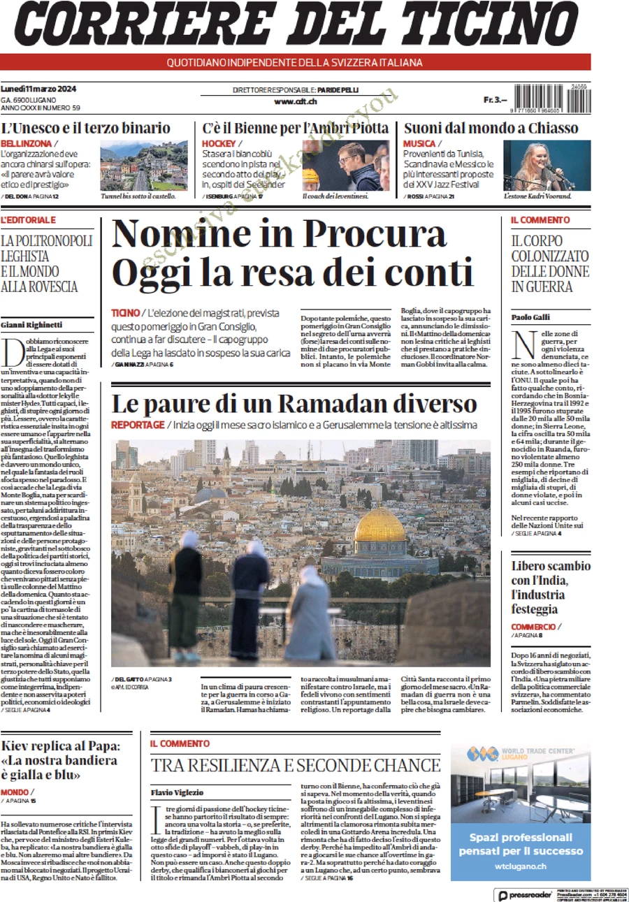 prima pagina - Corriere del Ticino del 11/03/2024
