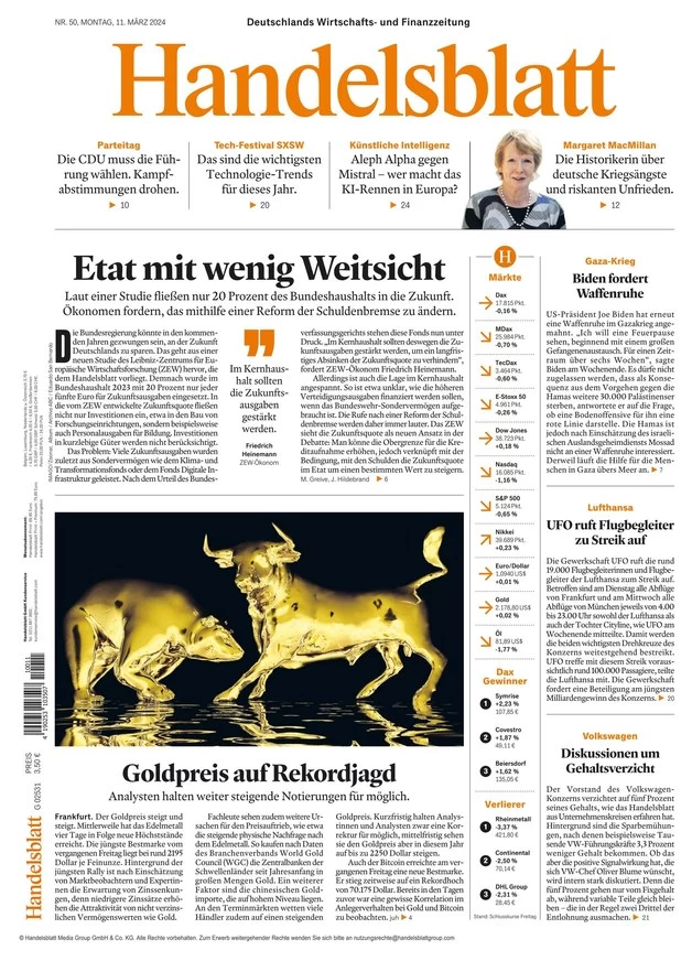 anteprima della prima pagina di handelsblatt del 11/03/2024