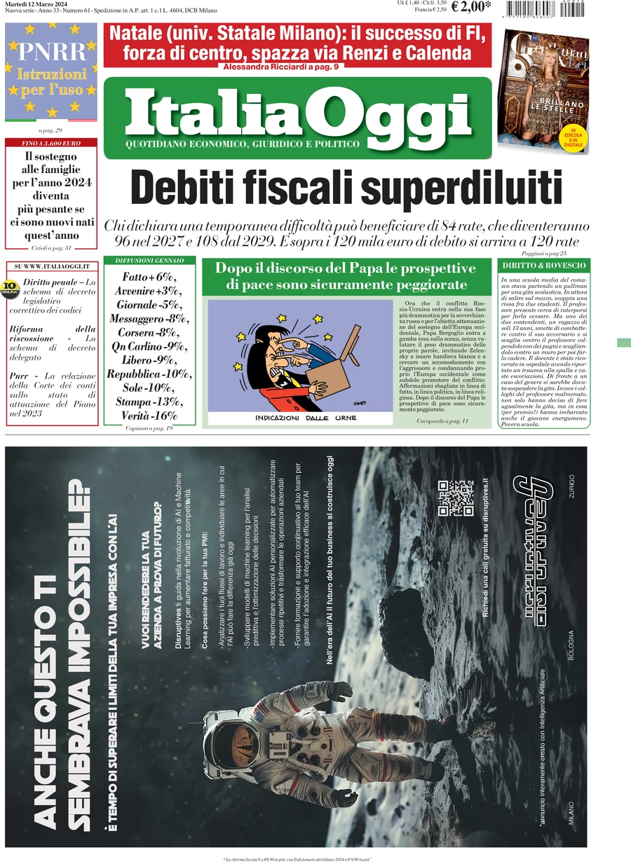 prima pagina - ItaliaOggi del 12/03/2024
