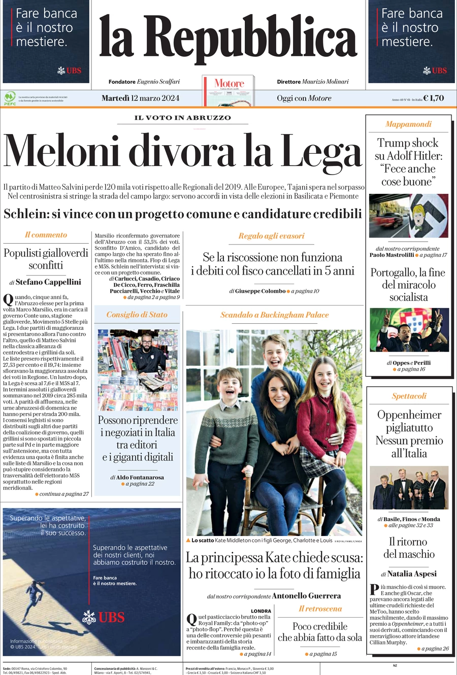 prima pagina - La Repubblica del 12/03/2024