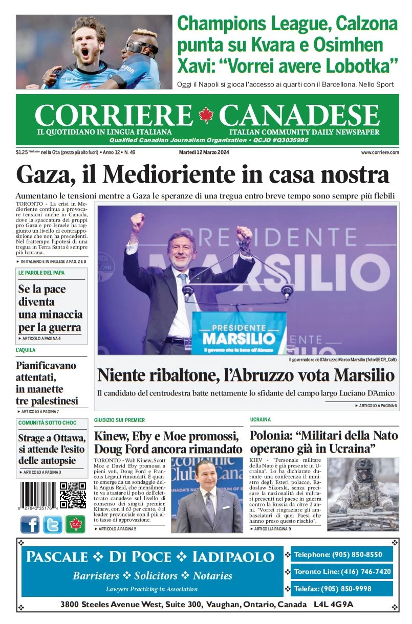 prima pagina - Corriere Canadese del 12/03/2024