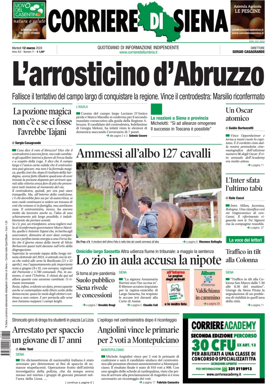 anteprima della prima pagina di corriere-di-siena del 12/03/2024