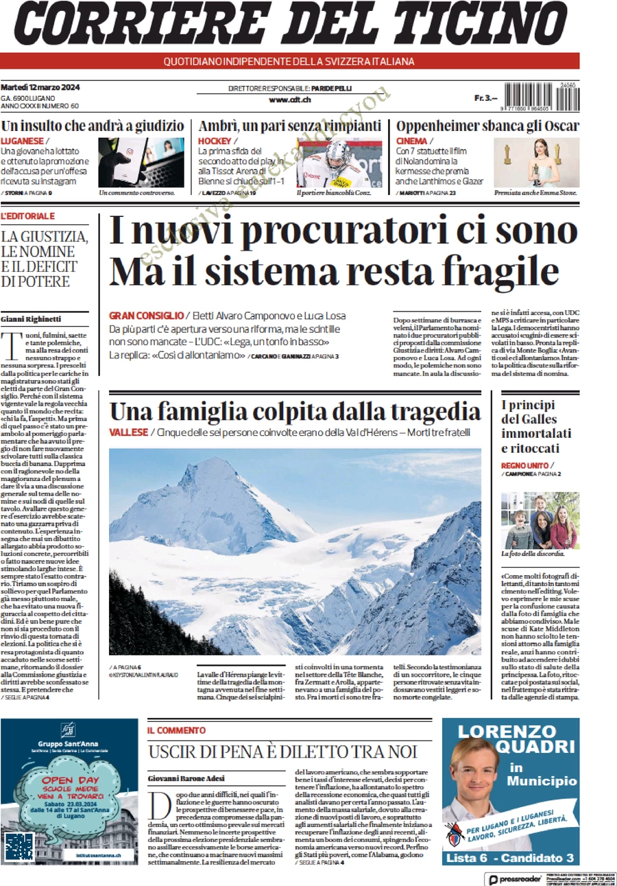prima pagina - Corriere del Ticino del 12/03/2024