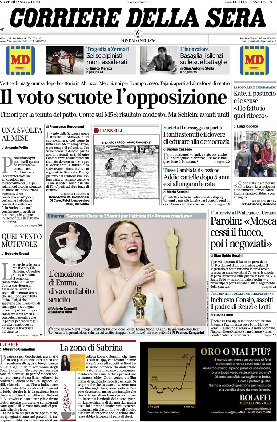 prima pagina - Corriere della Sera del 12/03/2024