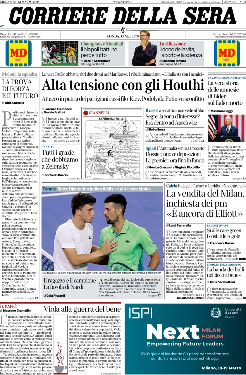 prima pagina - Corriere della Sera del 13/03/2024