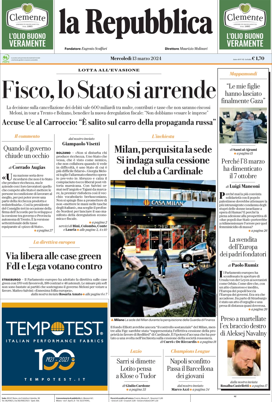 prima pagina - La Repubblica del 13/03/2024