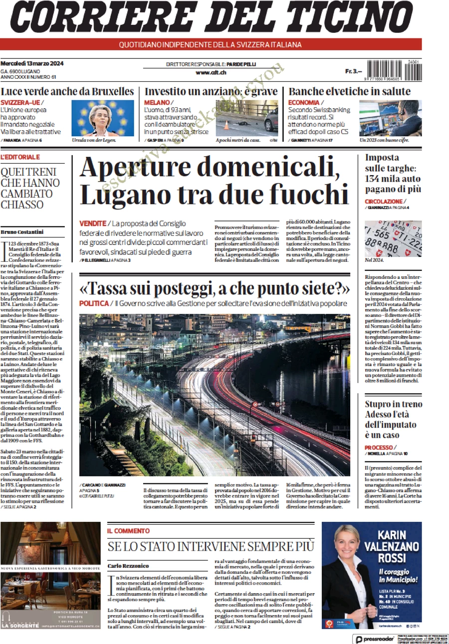 prima pagina - Corriere del Ticino del 13/03/2024
