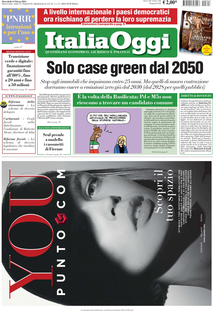 prima pagina - ItaliaOggi del 13/03/2024