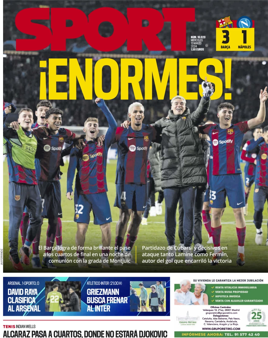 anteprima della prima pagina di sport-barcelona del 13/03/2024