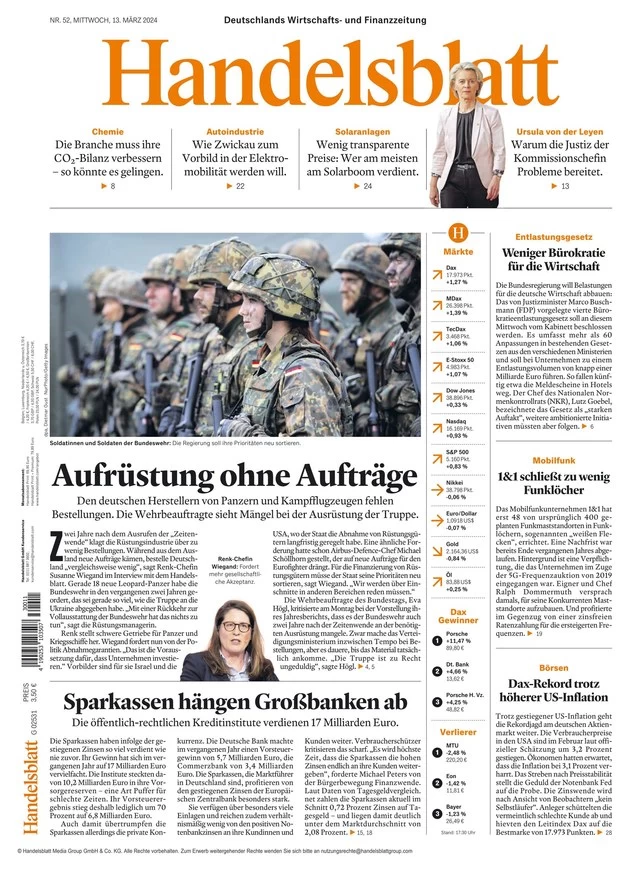 anteprima della prima pagina di handelsblatt del 13/03/2024