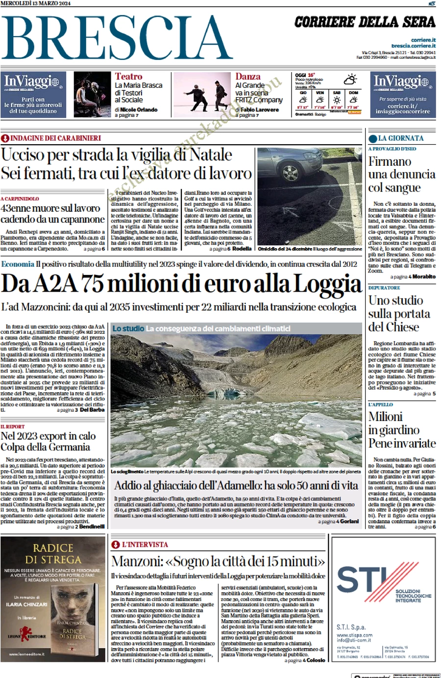 anteprima della prima pagina di corriere-della-sera-brescia del 13/03/2024