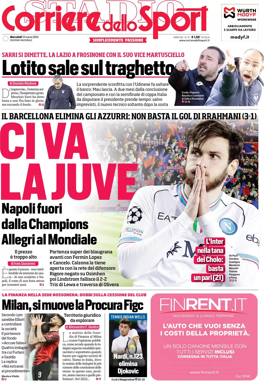 prima pagina - Corriere dello Sport del 13/03/2024
