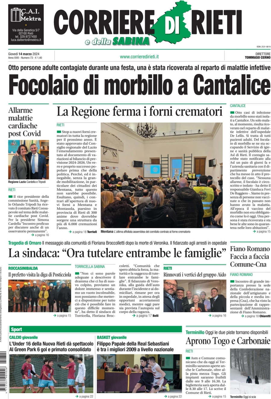 anteprima della prima pagina di corriere-di-rieti-e-della-sabina del 14/03/2024