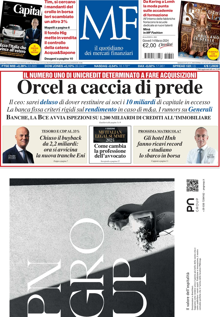 prima pagina - MF Milano Finanza del 14/03/2024