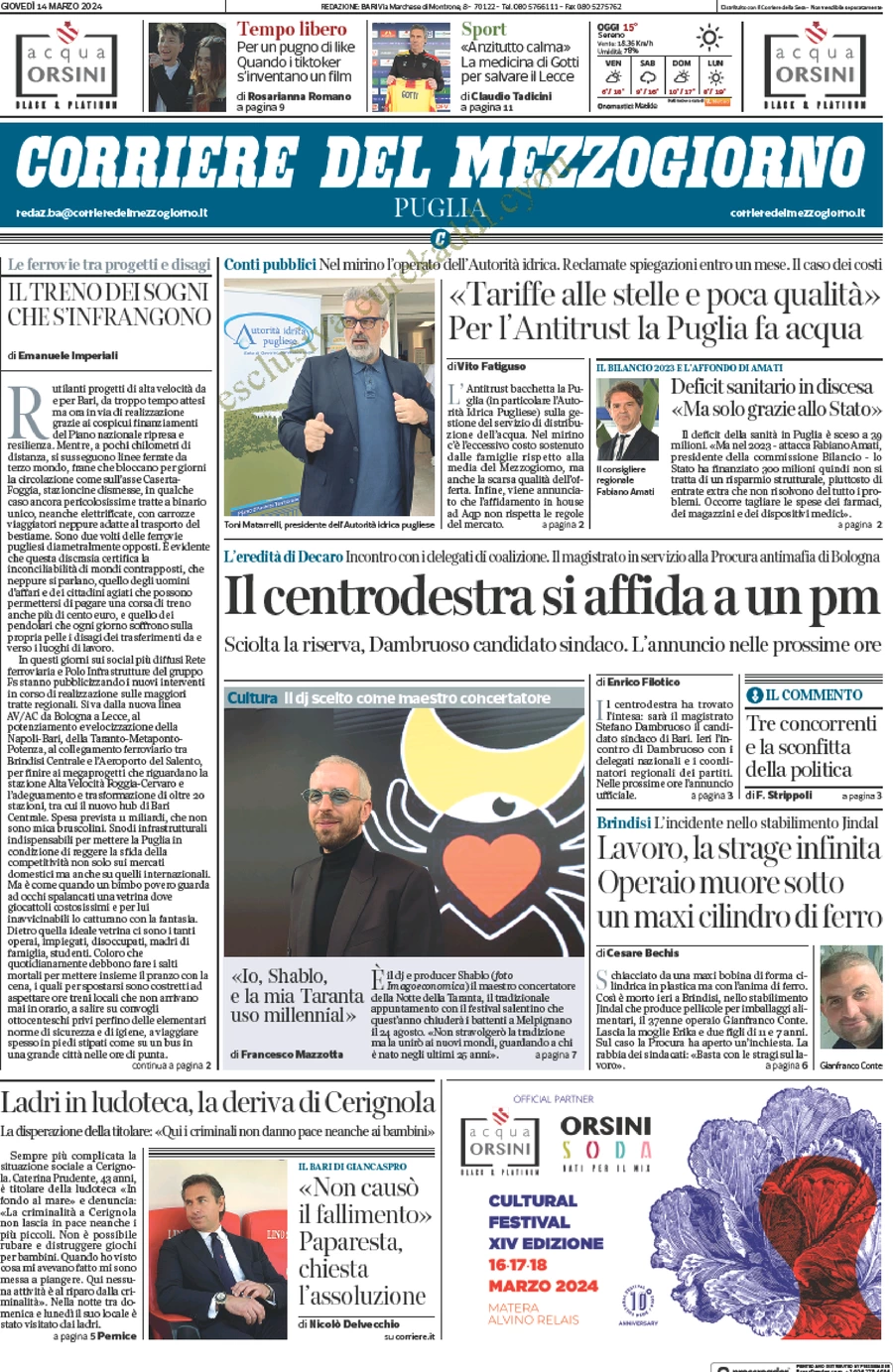 anteprima della prima pagina di corriere-del-mezzogiorno-puglia del 14/03/2024
