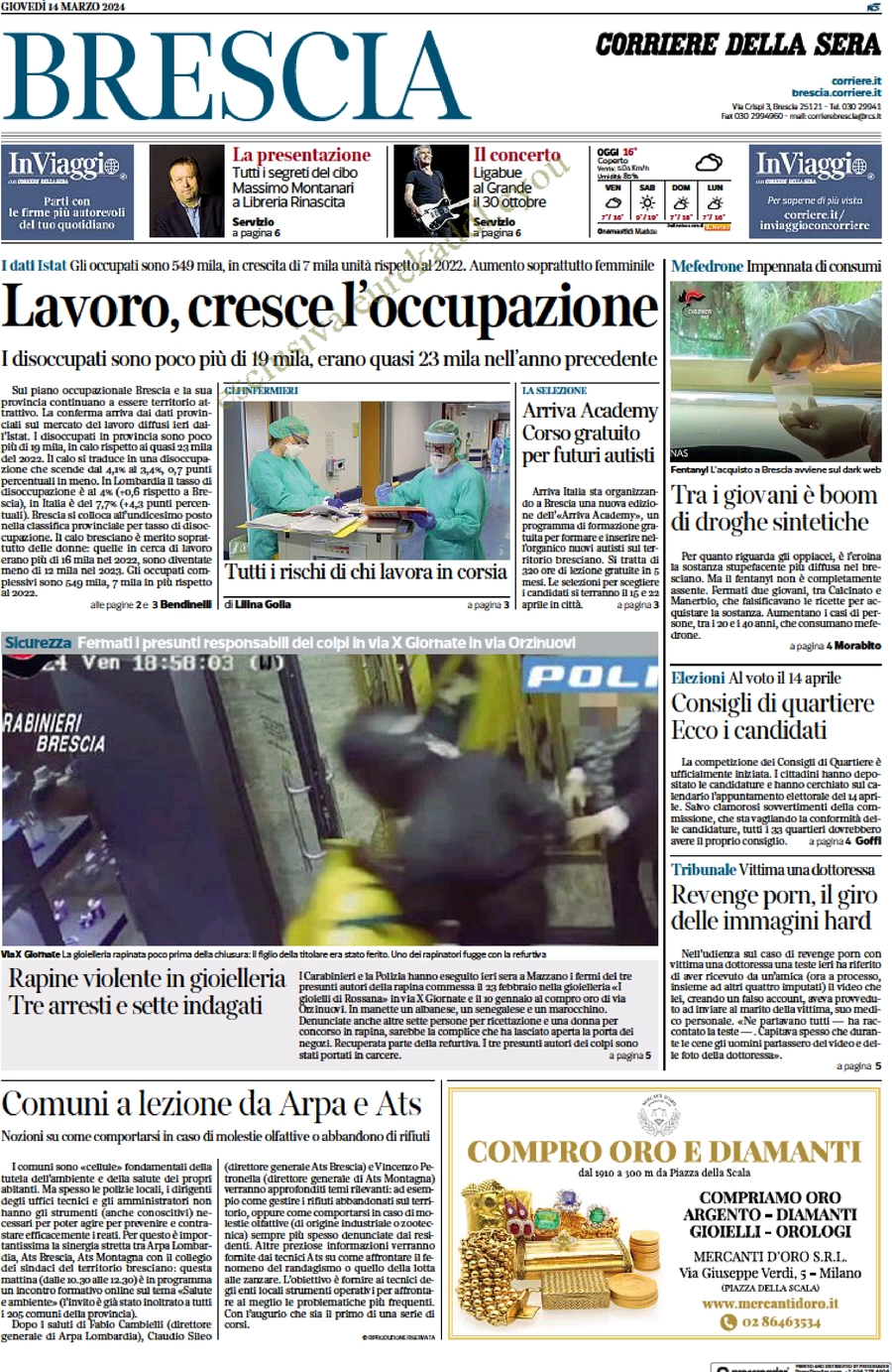 anteprima della prima pagina di corriere-della-sera-brescia del 14/03/2024
