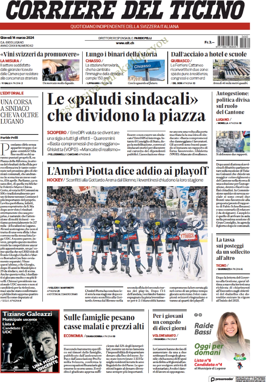 prima pagina - Corriere del Ticino del 14/03/2024