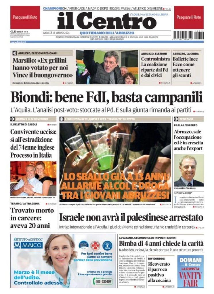 prima pagina - Il Centro (L'Aquila) del 14/03/2024