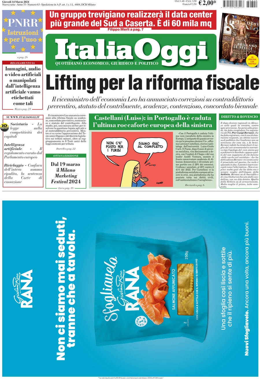 anteprima della prima pagina di italiaoggi del 14/03/2024