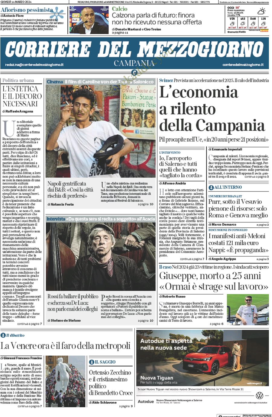 anteprima della prima pagina di corriere-del-mezzogiorno-campania del 14/03/2024