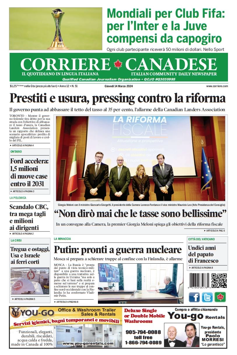 prima pagina - Corriere Canadese del 14/03/2024