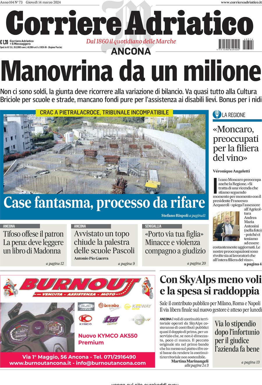 anteprima della prima pagina di corriere-adriatico-ancona del 14/03/2024