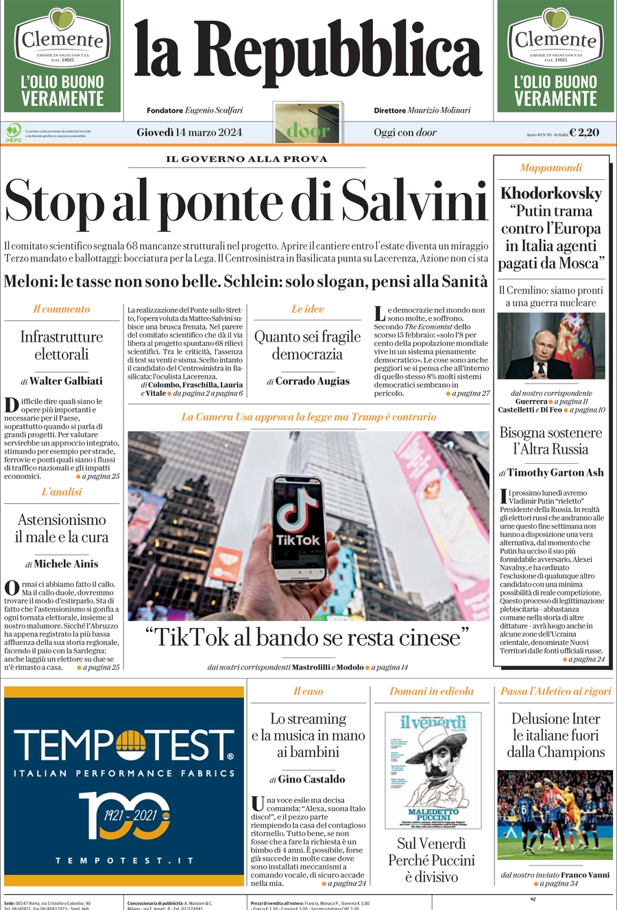 prima pagina - La Repubblica del 14/03/2024