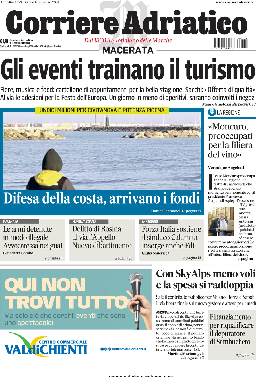 anteprima della prima pagina di corriere-adriatico-macerata del 14/03/2024