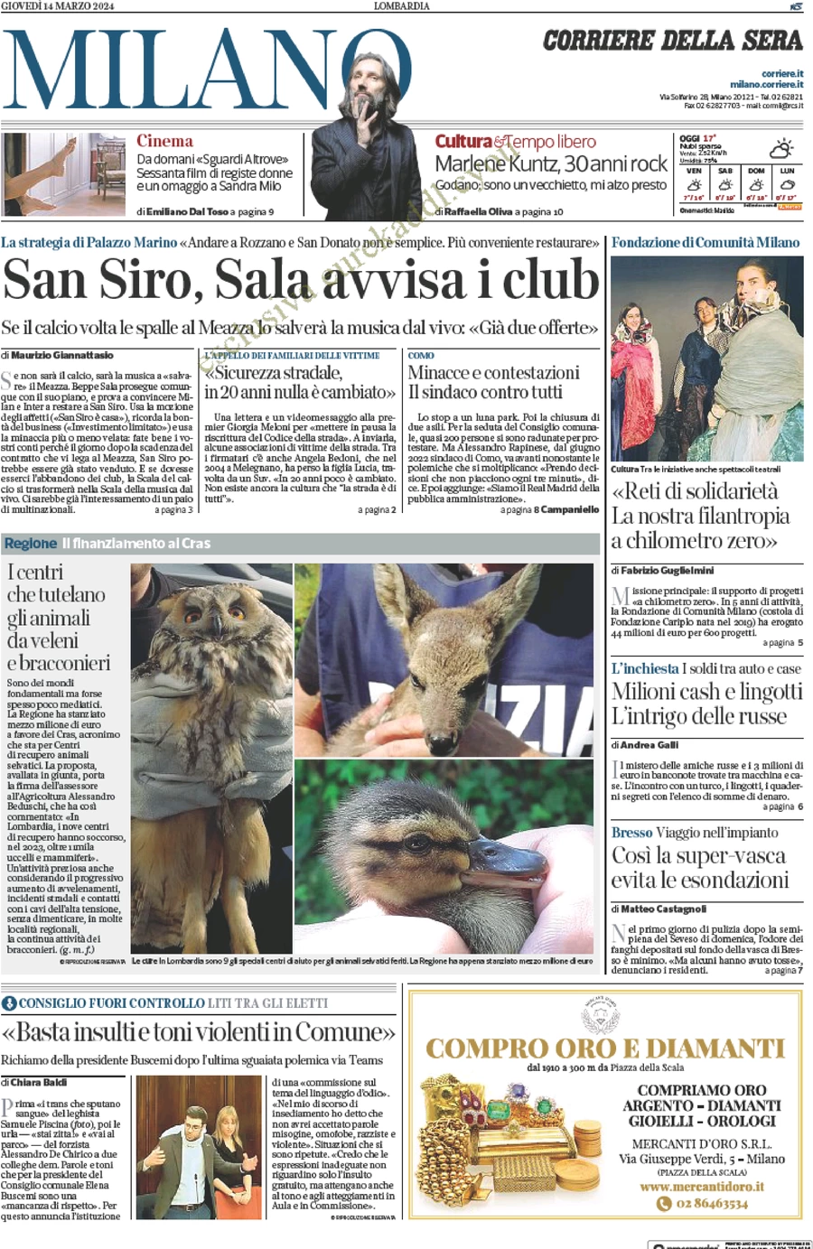 anteprima della prima pagina di corriere-della-sera-milano del 14/03/2024