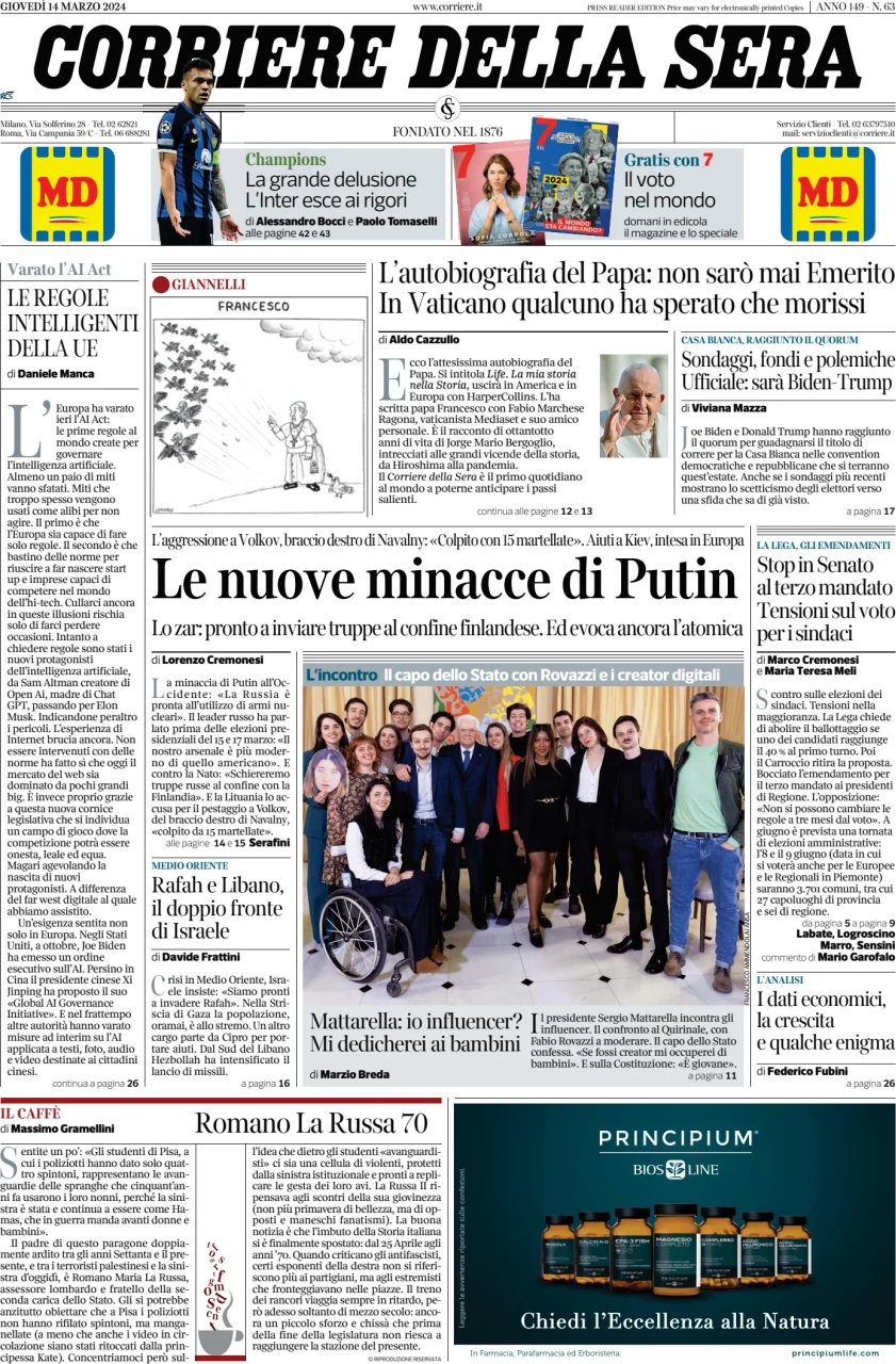 prima pagina - Corriere della Sera del 14/03/2024