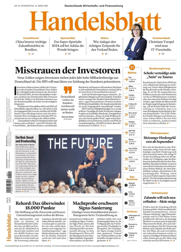 anteprima della prima pagina di handelsblatt del 14/03/2024