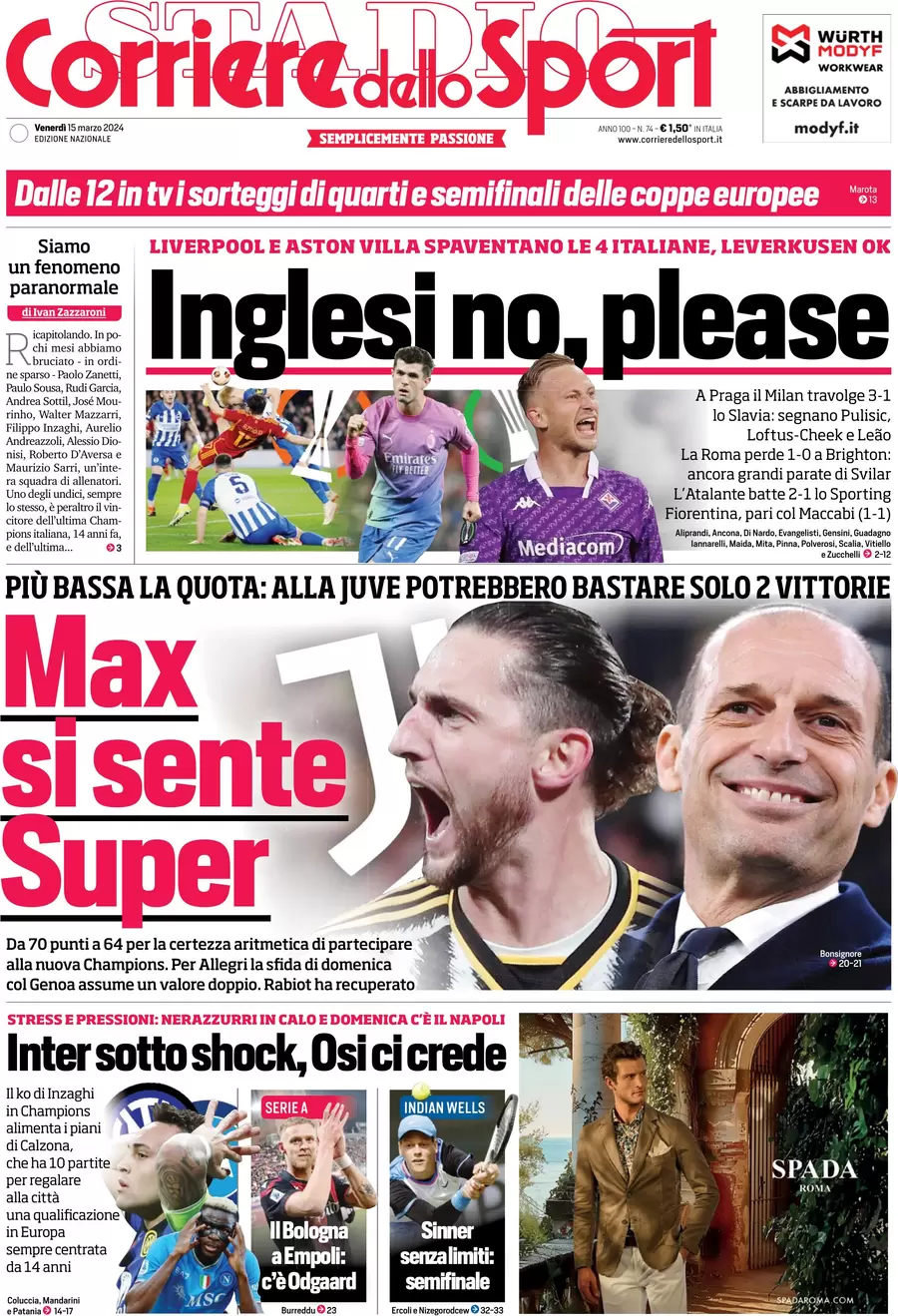 prima pagina - Corriere dello Sport del 15/03/2024