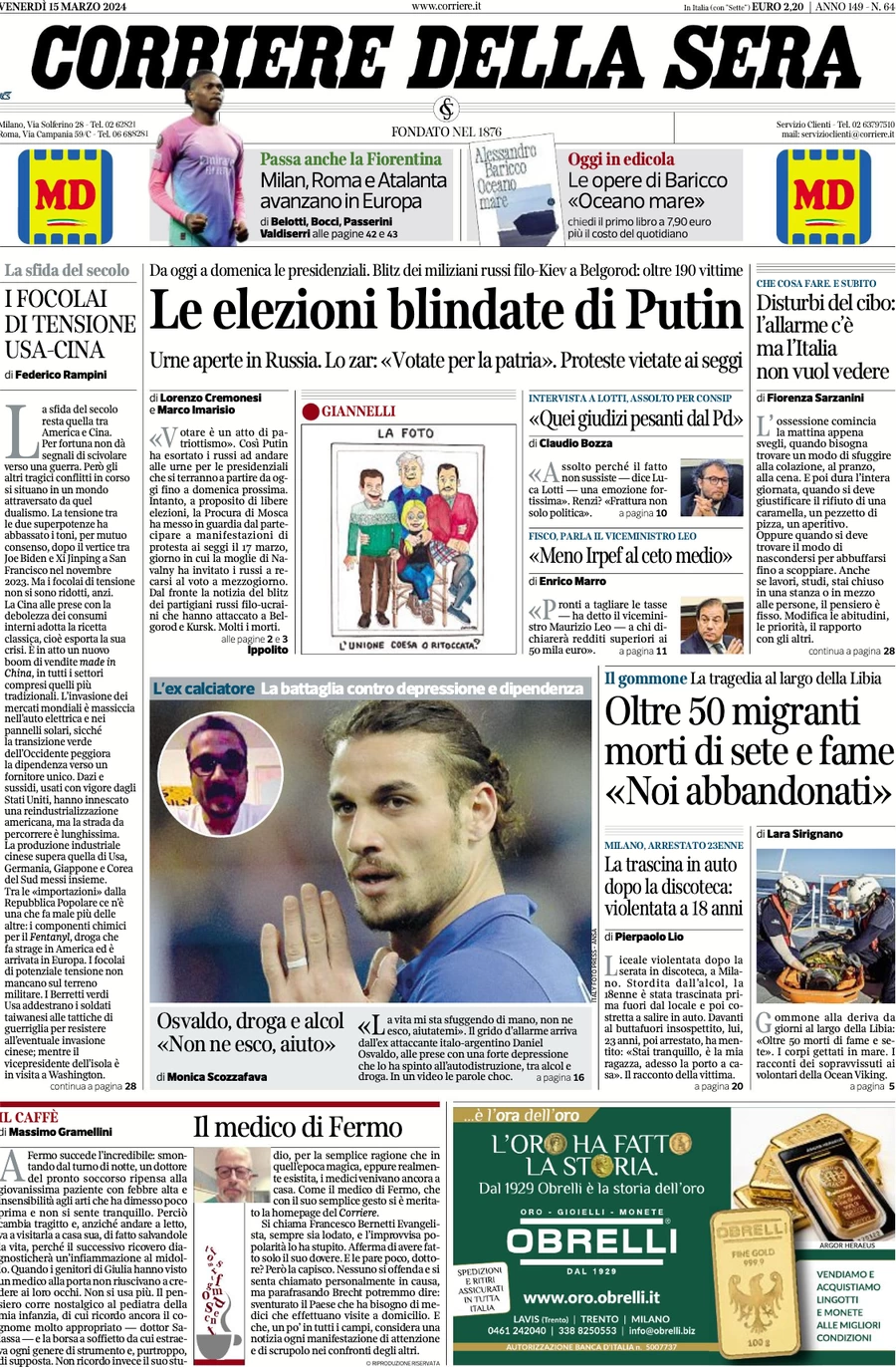 prima pagina - Corriere della Sera del 15/03/2024