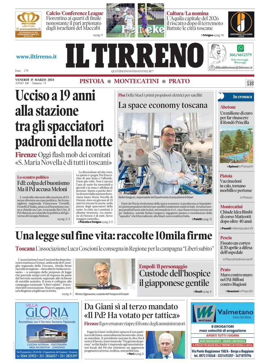 anteprima della prima pagina di il-tirreno-pistoia,-montecatini,-prato del 15/03/2024