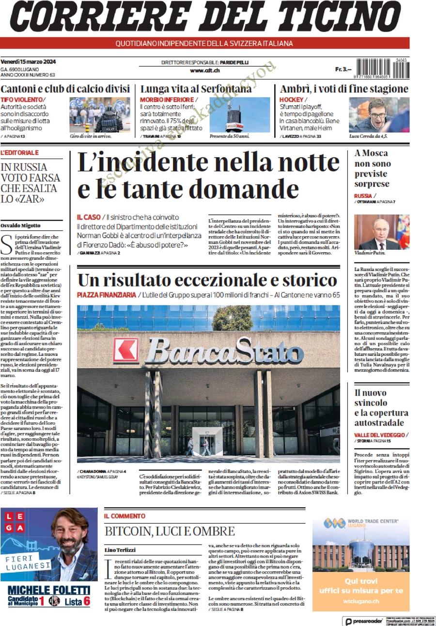 prima pagina - Corriere del Ticino del 15/03/2024