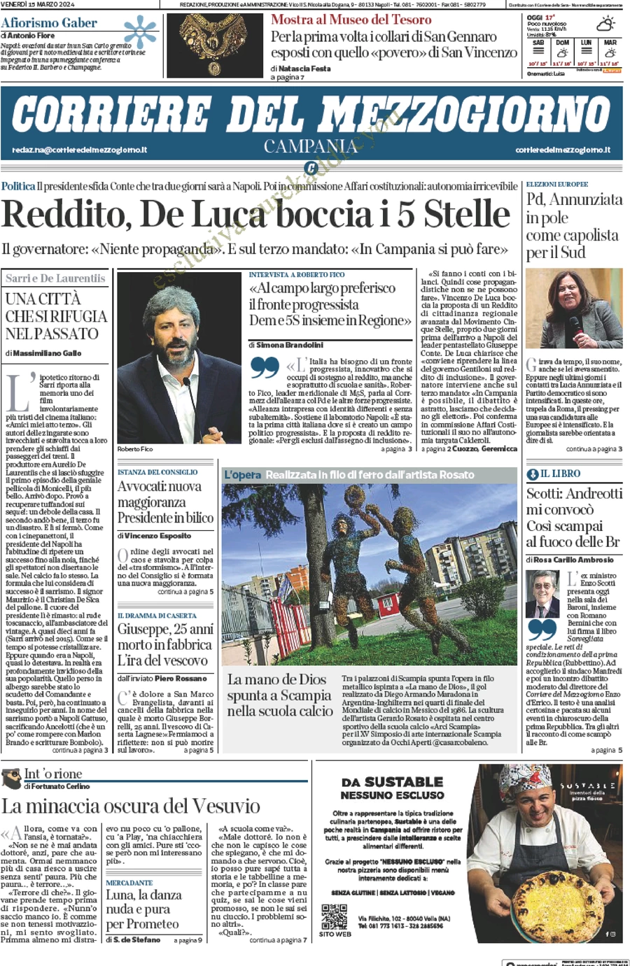 anteprima della prima pagina di corriere-del-mezzogiorno-campania del 15/03/2024