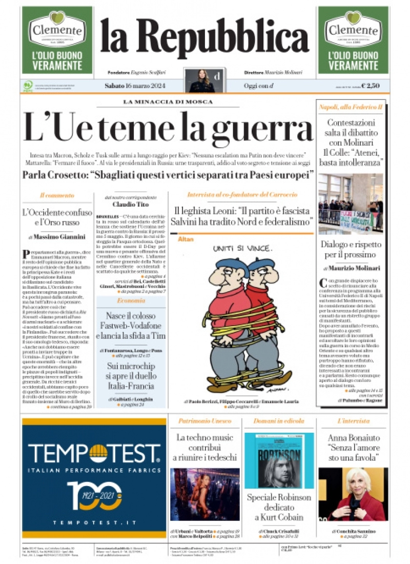 prima pagina - La Repubblica del 15/03/2024